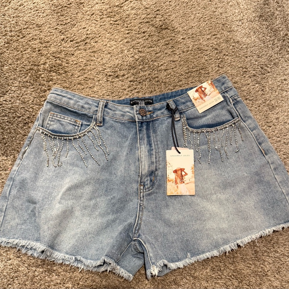 Sincerely Jules Blue Jean Shorts with Rhinestone Accents